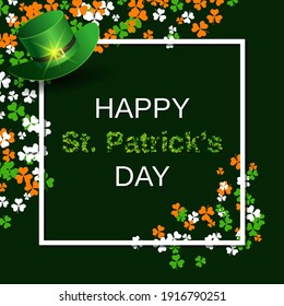 St.Patrick's Day green vector background with clover leaves and white frame