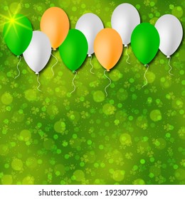 St.Patrick's Day green vector background with clover leaves and colorful balloons