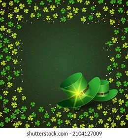 St.Patrick's Day green vector background with clover leaves and leprechaun hat