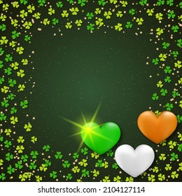 St.Patrick's Day green vector background with clover leaves and colorful hearts