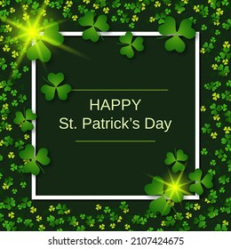 St.Patrick's Day green vector background with clover leaves and white frame
