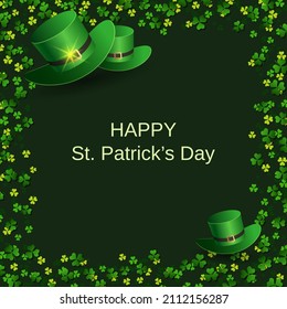 St.Patrick's Day green vector background with clover leaves and leprechaun hats