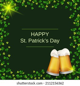 St.Patrick's Day green vector background with clover leaves and beer glasses