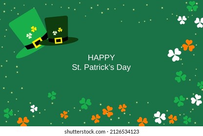 St.Patrick's Day green vector background with clover leaves and leprechaun hats