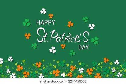 St.Patrick's Day green vector background with colorful clover leaves and elegant lettering