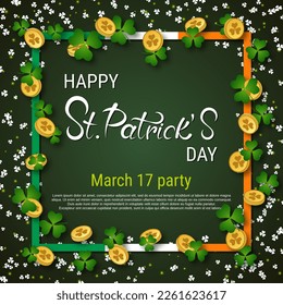St.Patrick's Day green vector background with clover leaves, frame and golden coins