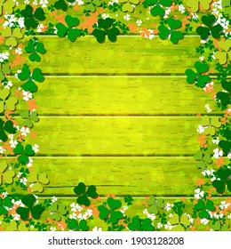 St.Patrick's Day green wooden vector background with clover leaves