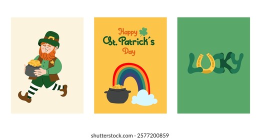 St.Patricks Day greeting card background vector. Design with leprechaun, rainbow with pot of gold, Lucky quote phrase with horseshoes. Illustration for cover, poster, banner, card, calendar.