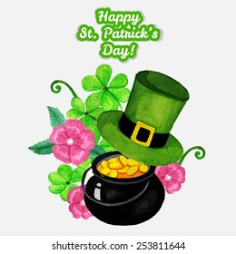 St.Patrick's day greeting card with green hat, pot of gold coins and clover with pink flowers 