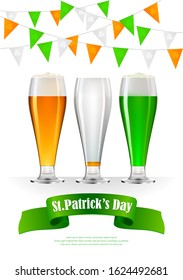 St.Patrick's day greeting composition. Party elements as a flags, colorful beer mugs ond bottom ribbon.