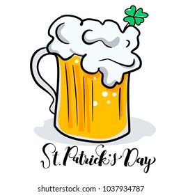 St.Patrick's day hand drawn lettering and vector flat style illustration of mug of beer as greeting poster/ banner/ card/ icon/ logo. 