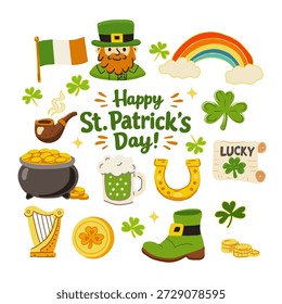 St.Patrick's Day hand drawn vector set. Illustration of leprechaun, rainbow, shamrock, golden coins, beer.