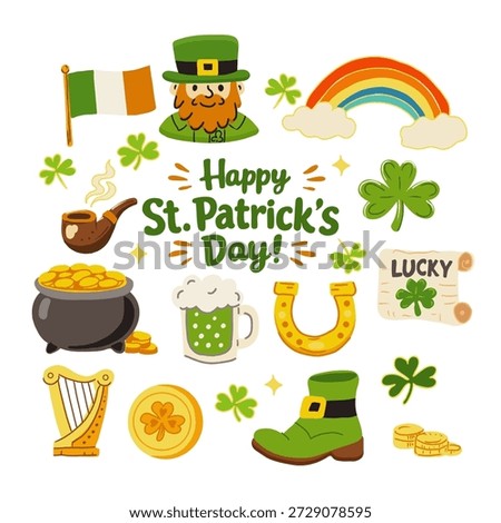 St.Patrick's Day hand drawn vector set. Illustration of leprechaun, rainbow, shamrock, golden coins, beer.