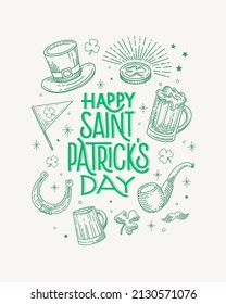 St.Patrick's Day. Handwritten typography for Irish holiday. Traditional elements: hat, flag, horseshoe, clover leaf, glass and pint of beer, coin in engraving style. Vector vintage illustration.