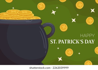 St.Patricks Day holiday background design with leprechaun cauldron and golden coins with shamrock. Concept with gold on the back.