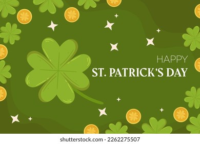 St.Patricks Day Feiertagshintergrund-Design mit grünem vierblättrigem Kleeblatt oder Shamrock- und Goldmünzen. Konzept für Hintergrund