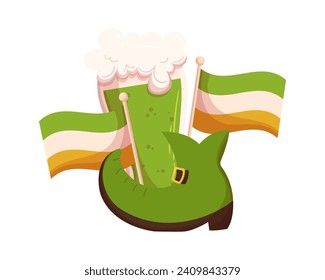 Diseño de vacaciones en el Día de San Patrón con bota de leprechaun verde, bandera irlandesa y vidrio con cerveza verde. 