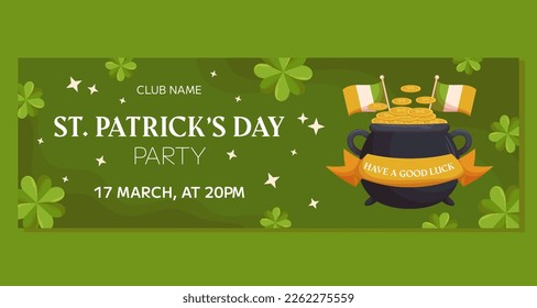 St.Patricks Day holiday horizontal party banner template design. Leprechaun pot ang gold coins, irish flags and ribbon. Event invitation for club and pub