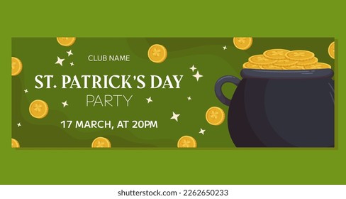 St.Patricks Day holiday horizontal party banner template design. Leprechaun cauldron and golden coins with shamrock. Invitation banner for club, concept with gold on the back.