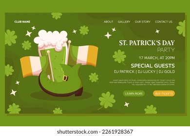 St.Patricks Day holiday Landing page template event design. Green leprechaun boot, Irish flag and glass with green beer. Web page with party invitation for club and pub