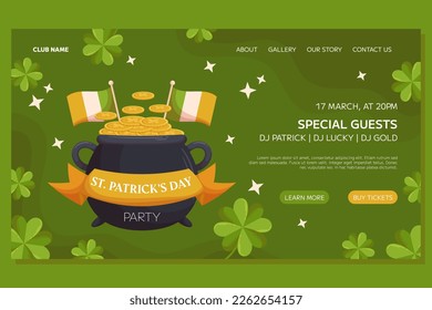 St.Patricks Day holiday Landing page template event design. Leprechaun pot ang gold coins, irish flags and ribbon. Web page with party invitation for club and pub