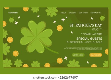 St.Patricks Day holiday Landing page template event design. Green four-leaf clover or shamrock and gold coins. Web page with party invitation for club and pub