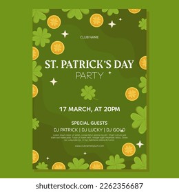 St.Patricks Day holiday Party poster template design. Green four-leaf clover or shamrock and gold coins. Event invitation for club and pub