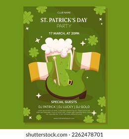 St.Patricks Day holiday Party poster template design. Green leprechaun boot, Irish flag and glass with green beer. Event invitation for club