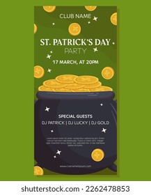 St.Patricks Day holiday vertical party banner template design. Leprechaun cauldron and golden coins with shamrock. Event invitation for club and pub