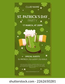 St.Patricks Day holiday vertical party banner template design. Green leprechaun boot, Irish flag and glass with green beer. Event invitation for club and pub