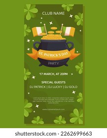 St.Patricks Day holiday vertical party banner template design. Leprechaun pot ang gold coins, irish flags and ribbon. Event invitation for club and pub