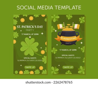 St.Patricks Day holiday vertical social media stories template design. Green four-leaf clover or shamrock, cauldron or pot with gold coins, and Irish flag. Party invitation for club and pub
