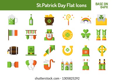 St.Patricks Day icon set. Flat icon base on 64 pixel with pixel perfect design. Vector illustration