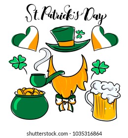 St.Patrick's day icons and hand drawn lettering in colors of irish flag. Beard, hat, heart, shamrock, mug of beer, ribbon pot of gold. For designing Patrick's day party materials.