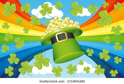 St.Patrick's Day illustration with leprechaun hat and clover leaves on rainbow background.