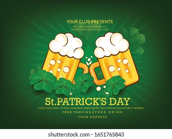 
St.Patricks Day Invitation Card Design Beer party green background with calligraphy Clover Leaf and two yellow beer glasses