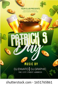 
St.Patricks Day Invitation Card Design Beer party green background with calligraphy Clover Leaf and two yellow beer glasses