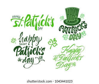 St.Patrick's day lettering set. Brush pen hand drawn calligraphy text. Hat, clover illustrations. Collection of hand writing inscriptions patricks day.