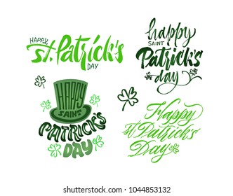 St.Patrick's day lettering set. Brush pen hand drawn calligraphy text. Hat, clover illustrations. Collection of hand writing inscriptions patricks day.