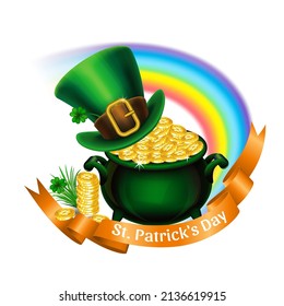 St.Patrick's Day logo. Pot Of Gold, rainbow and green leprechaun hat with ribbon. Vector illustration.