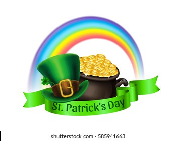 St.Patrick's Day logo. Pot Of Gold, rainbow and green leprechaun hat with ribbon. Vector illustration