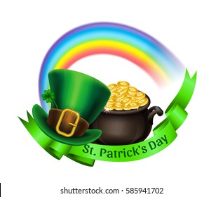 St.Patrick's Day logo. Pot Of Gold, rainbow and green leprechaun hat with ribbon. Vector illustration.