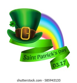 St.Patrick's Day logo. Rainbow and green leprechaun hat with ribbon. Vector illustration