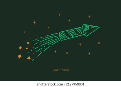 St.Patrick's Day. Magic green flying firecracker on a dark background. Irish beer festival traditional element vector illustration in vintage engraving style.