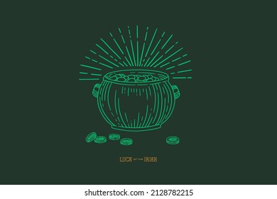 St.Patrick's Day. Magic green Leprechaun pot with coins on a dark background. Traditional element of beer festivity, vector illustration in vintage style.