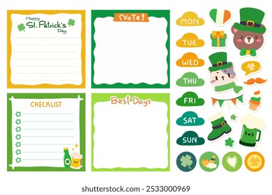 St.Patrick's Day Memo Set. St.Patrick's Day themed memo set includes adorable planner stickers featuring cute characters like a bear and cat in leprechaun hats, a checklist, and memo sheets.