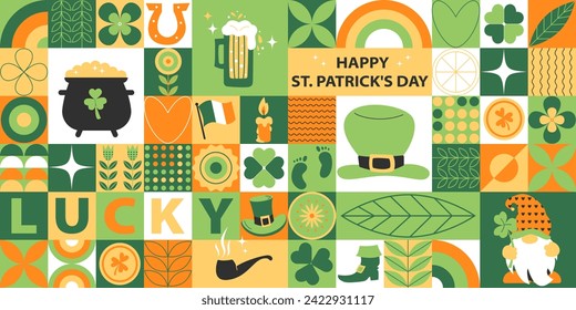 St.Patrick's Day modern mosaic background for branding cover, poster, banner. Geometric pattern for traditional Irish holiday. Vector background with leprechaun hat, clover, coins, beer, simple forms 