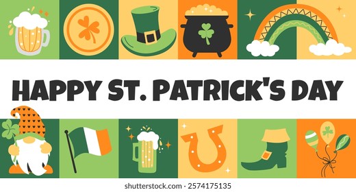 St.Patrick's Day modern mosaic background. Geometric pattern for traditional Irish holiday. Vector banner with leprechaun hat, clover, coins, beer, simple forms. For advertising, leaflets, flyers