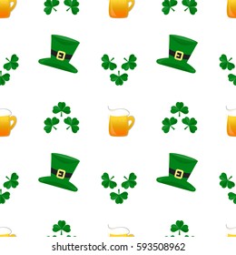 St.Patricks Day pattern. Vector seamless pattern with traditional hat and beer