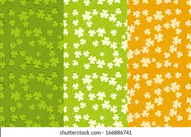 St.Patrick's Day Seamless Backgrounds Set with Shamrock. Irish Flag. Vector Illustration.